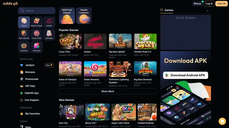 Odds96 desktop game selection