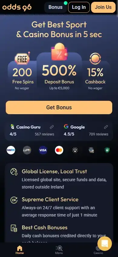 Odds96 mobile lobby layout