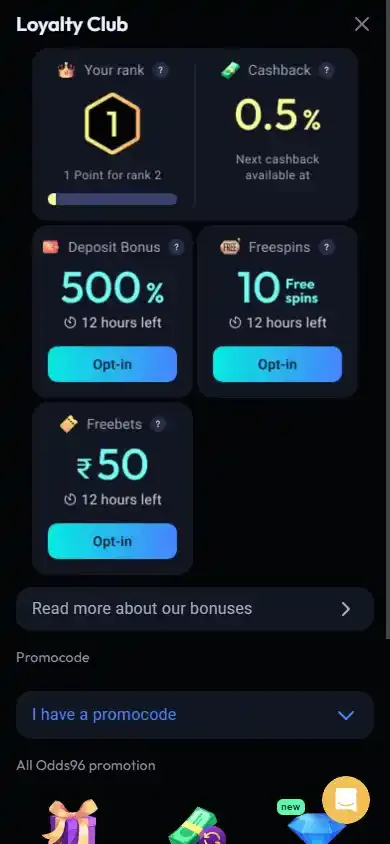 Odds96 mobile promotions navigation